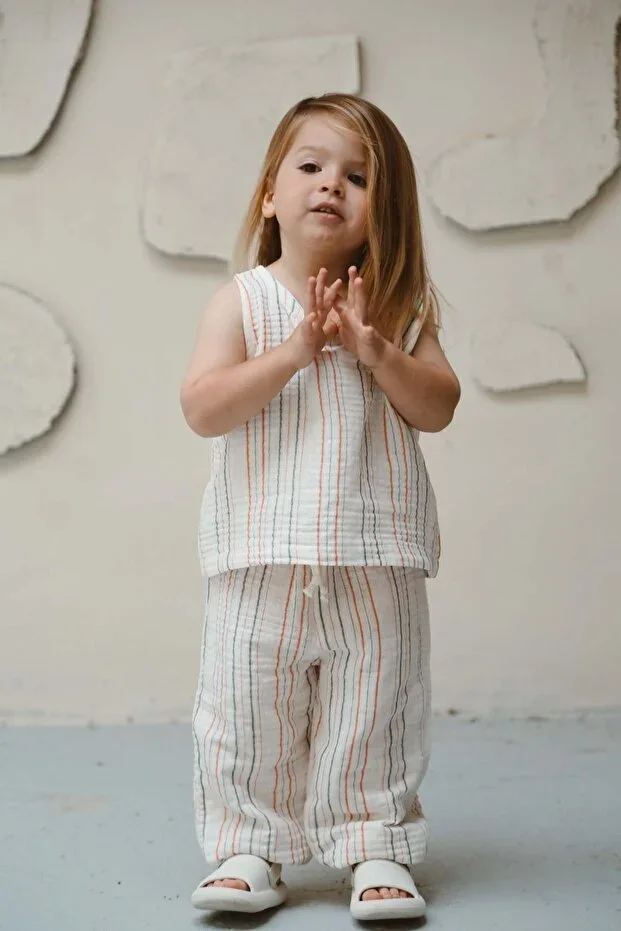 Orange-Green Striped Tank Top and Pants Set