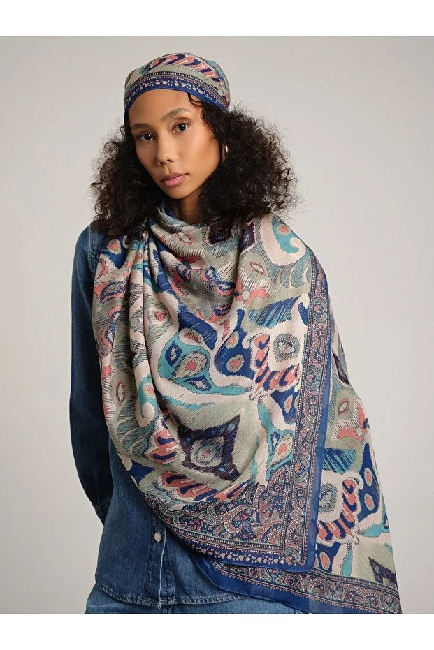 Glazed Motifs Ethnic Patterned Single-Sided Shawl - Mint Blue