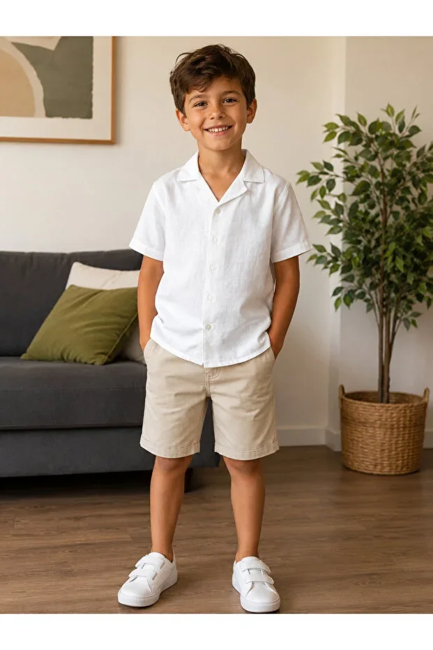 Boys White Short Sleeve Linen Look Shirt