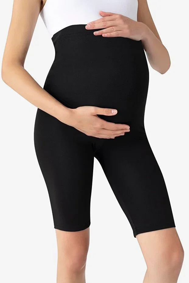 Above Knee Biker Flexible Adjustable Waist Short Maternity Tights Black