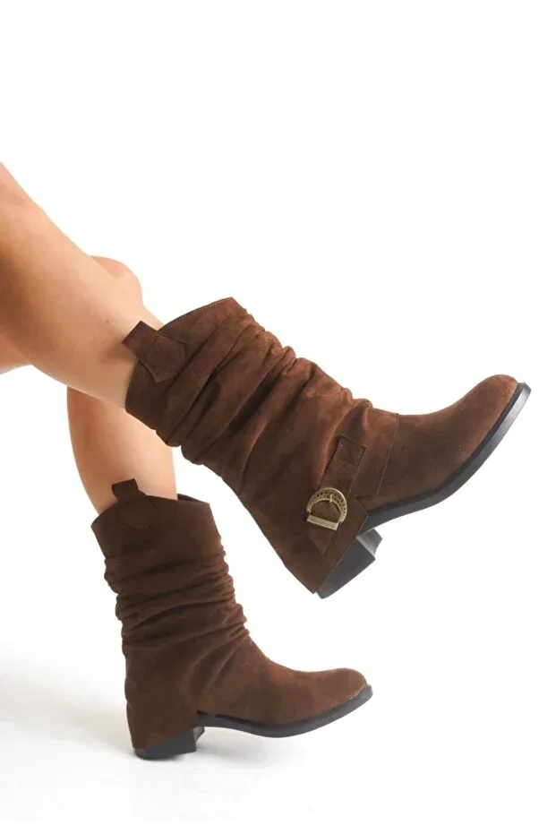 Women's Slip-On Flexible Suede Western Boots – Coffee