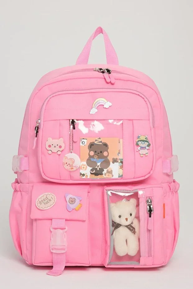 Kawaii Korean Style School Bag with Accessory for Girls and Boys, LIGHT PINK