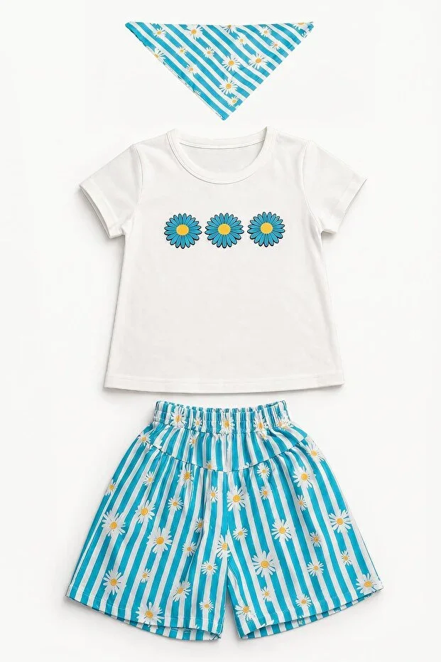 Girls' Daisy Print Shorts Set with Bandana