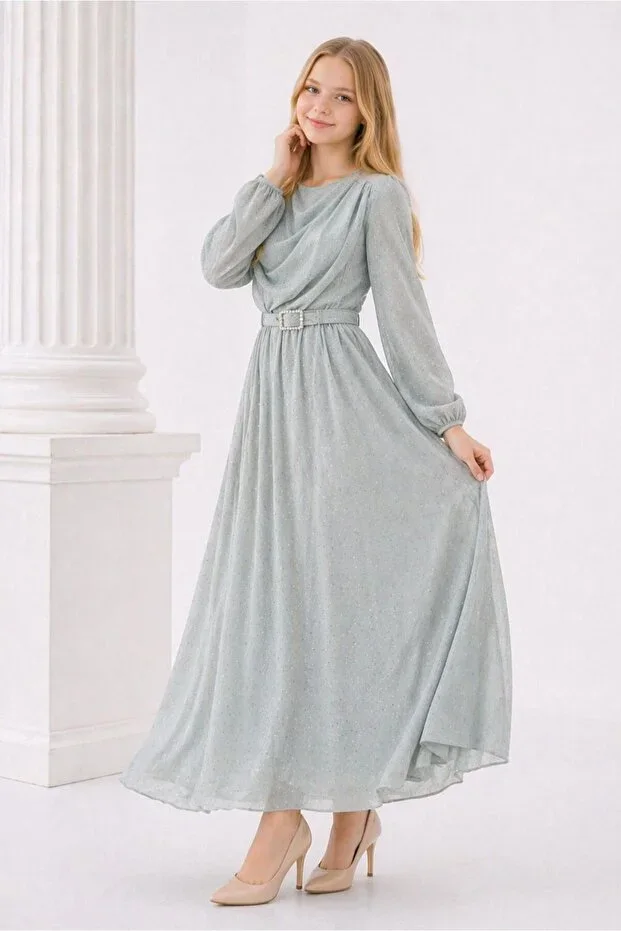 Glittery Stone-Detailed Belt-Detailed Girl's Evening Dress