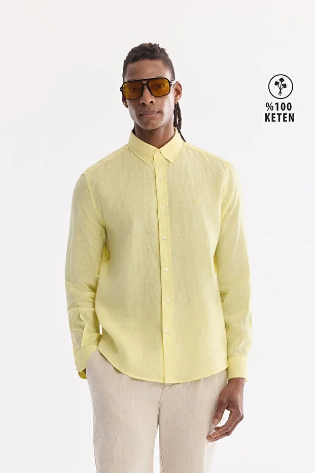 Men's Light Yellow Button-Down Collar 100% Linen Comfort Fit Shirt B002191