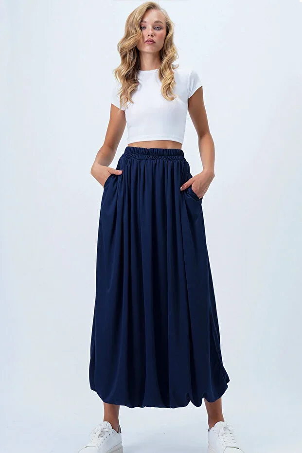 Women's Navy Blue Double Pocket Lined Maxi Bubble Skirt Alc-X14348