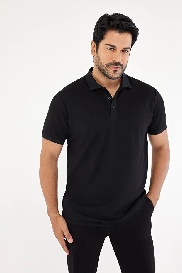 Men's Non-Iron Cotton Fabric Slim Fit Narrow Cut Solid Black Uncreasable Polo Neck T-shirt