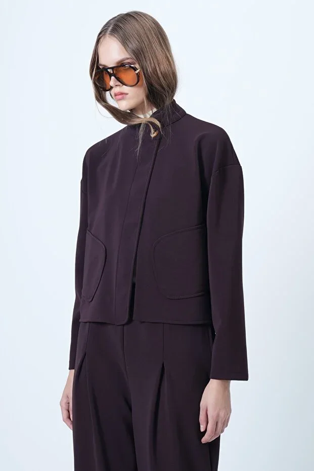 Women's Purple Mandarin Collar Pouch Pocket Poncho Jacket ALC-X14421