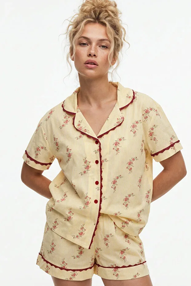 Yellow Floral Print Thin Soft Knit Buttoned Lace Trimmed Shorts Pajama Set 8062