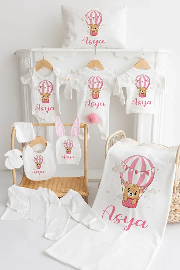 %100 Cotton Printed PONPON Hospital Exit Set 11 pcs with Name MN32-BALLOON PINK