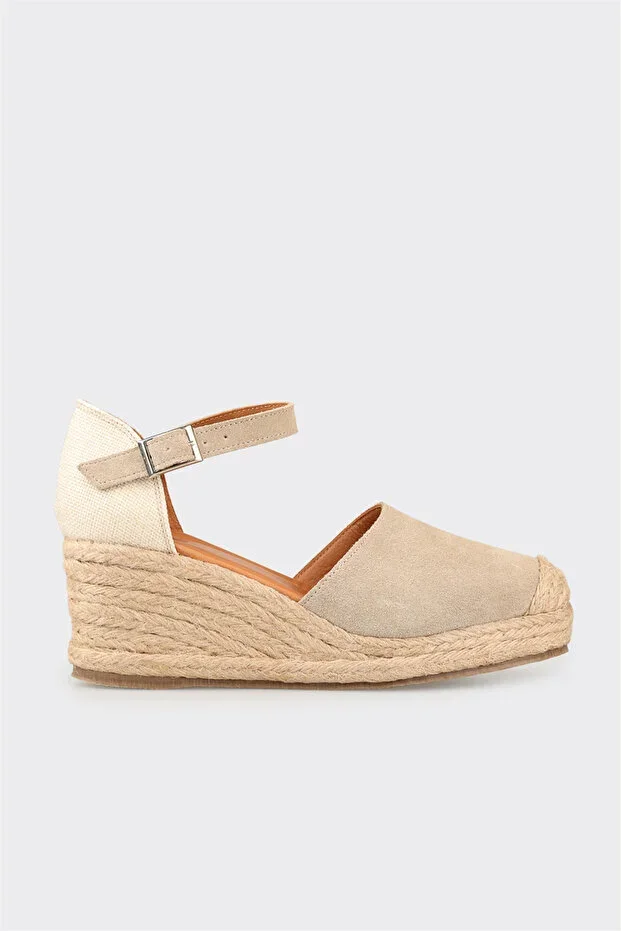Bej Leather Women's Wedge Heel Shoes