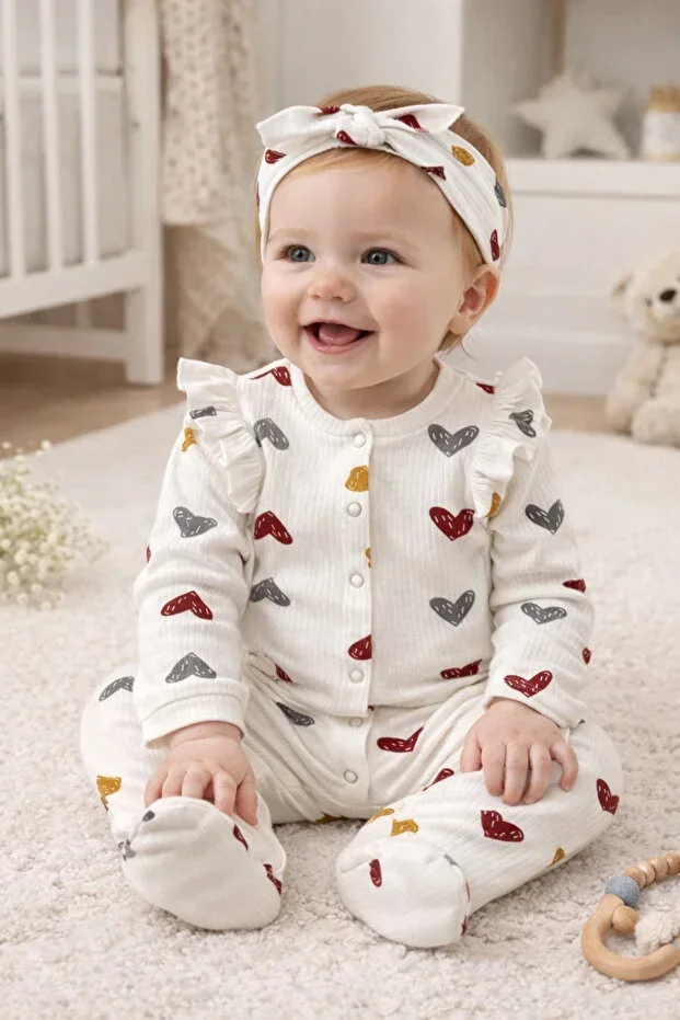 3-6-9 MONTHS RIBBED PRINTED HEART ROMPER SET 2-PIECE BABY&CHILD SET