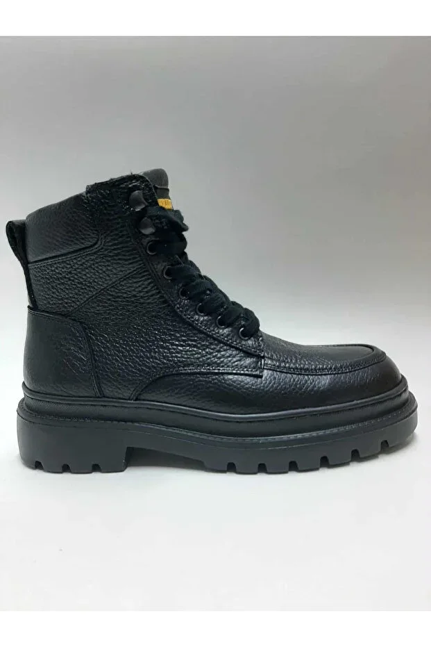 GENUINE LEATHER LACE-UP ZIPPER BLACK COLOR NON-SLIP LIGHT SOLE WINTER MEN'S BOOT