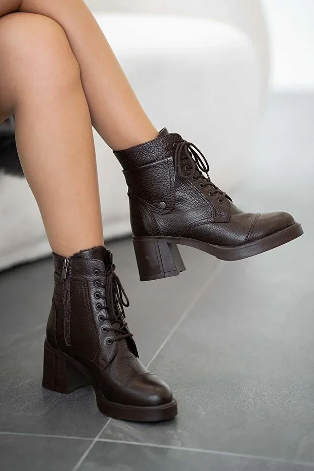 Mirora Women's Laced Genuine Leather Heeled Boots Brown