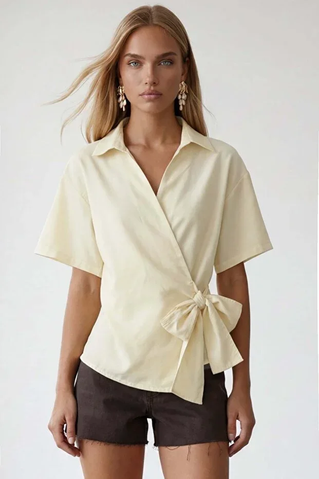 Women's Vanilla Shawl Collar Bow Tie Woven Shirt Alc-X15538