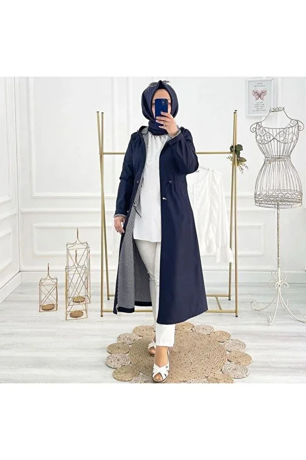 Navy Blue Inner Striped And Self-Lined Waterproof Women's Trench Coat