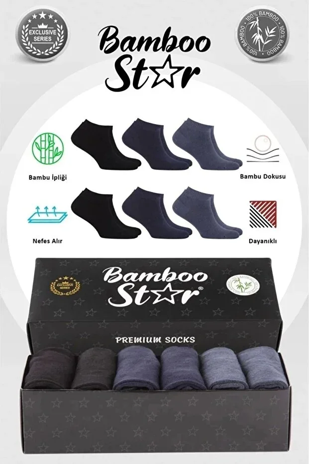 bamboo star Men's Low-Cut Socks Assorted Plain Seamless Premium Boxed 6 Pairs (2 Black - 2 Navy - 2 Charcoal)