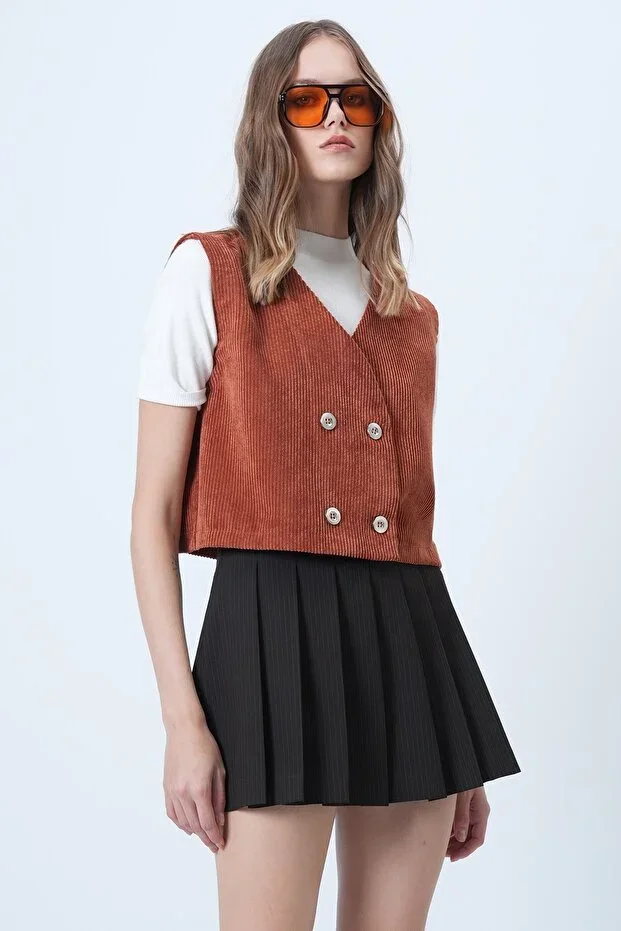 Trend Alaçatı Stili Burgundy Shawl Collar Metal Button Velvet Vest ALC-X14568