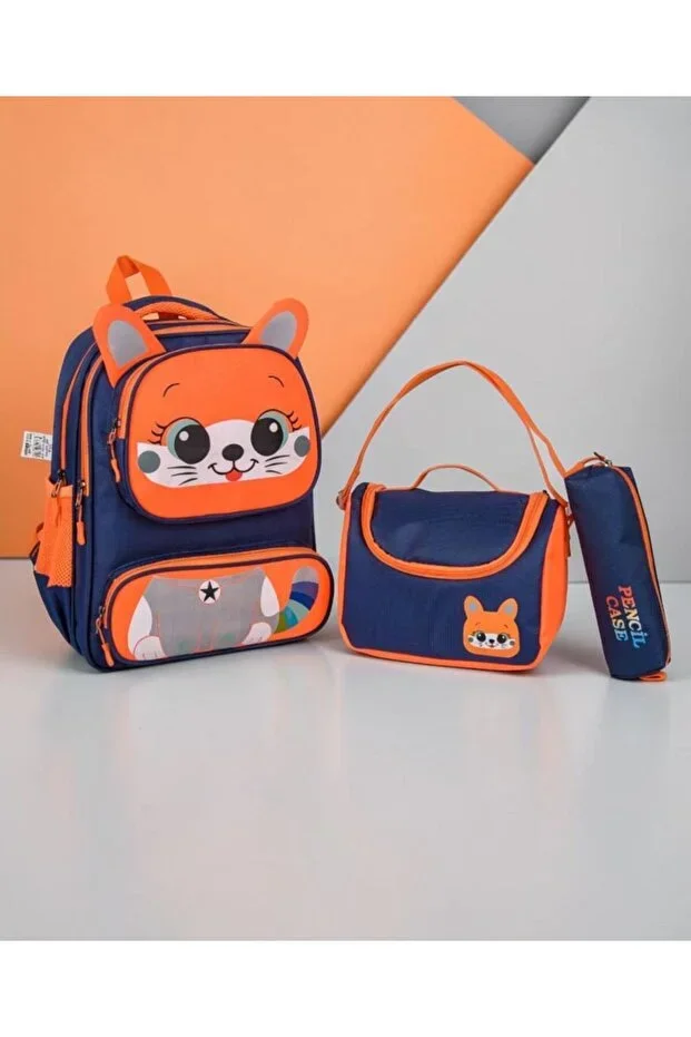3-Piece Earringed Primary School Backpack Lunchbox Pencil Case Navy Blue-Orange