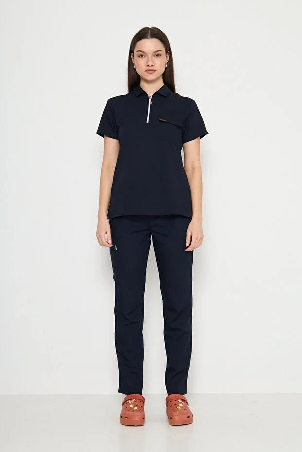 Polo Neck Navy Blue Women's Medical Uniform Scrubs