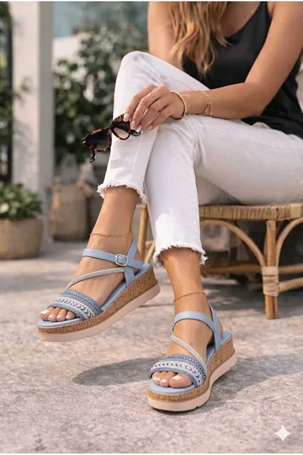 WOMEN'S BLUE OCEAN STONE PLATFORM HEEL SANDAL-0509