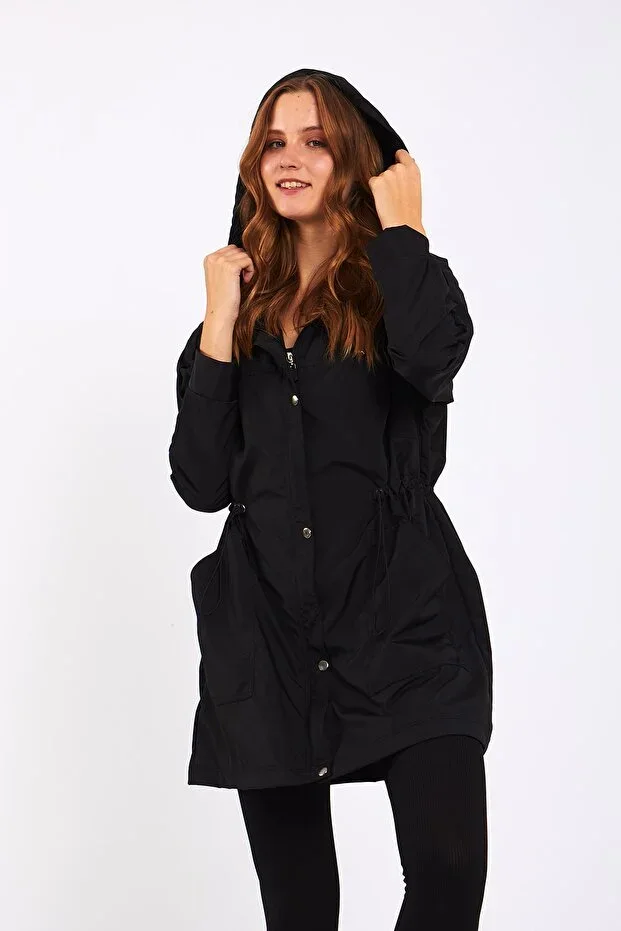 Micro Black Midi Raincoat & Windbreaker