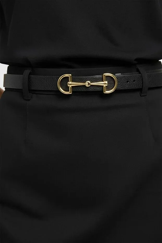 Women's Double-Sided Black-Tan Thin Belt with Gold Buckle
