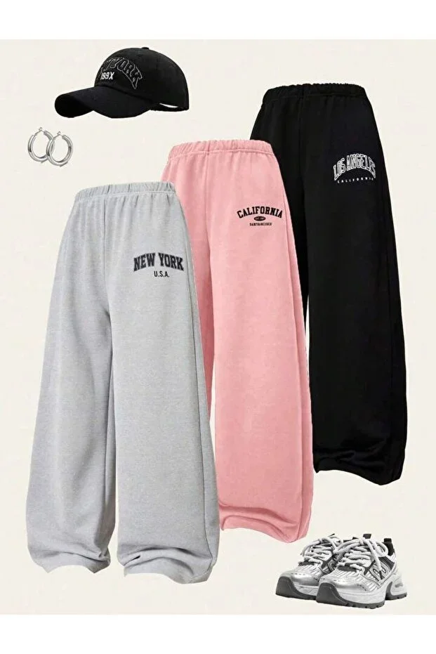 GIRLS' THREE-PACK BAGGY FIT SWEATPANTS PINKBLACKGREY