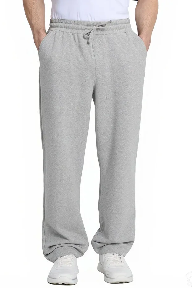 Men's Grey Cotton Baggy Fit Comfortable Cut Knitted Sweatpants with Drawstring Waist and Side Pockets