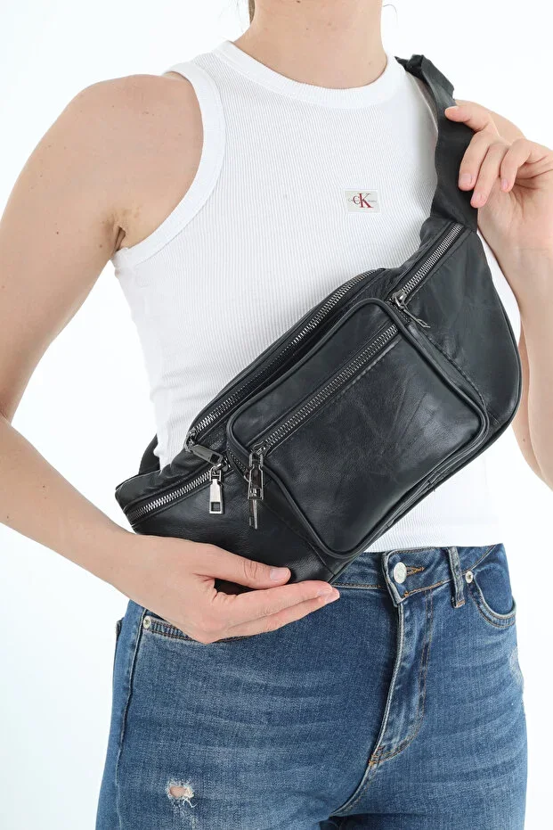 Unisex Black Multi-Pocket Genuine Leather Freebag Waist Bag and Shoulder Bag