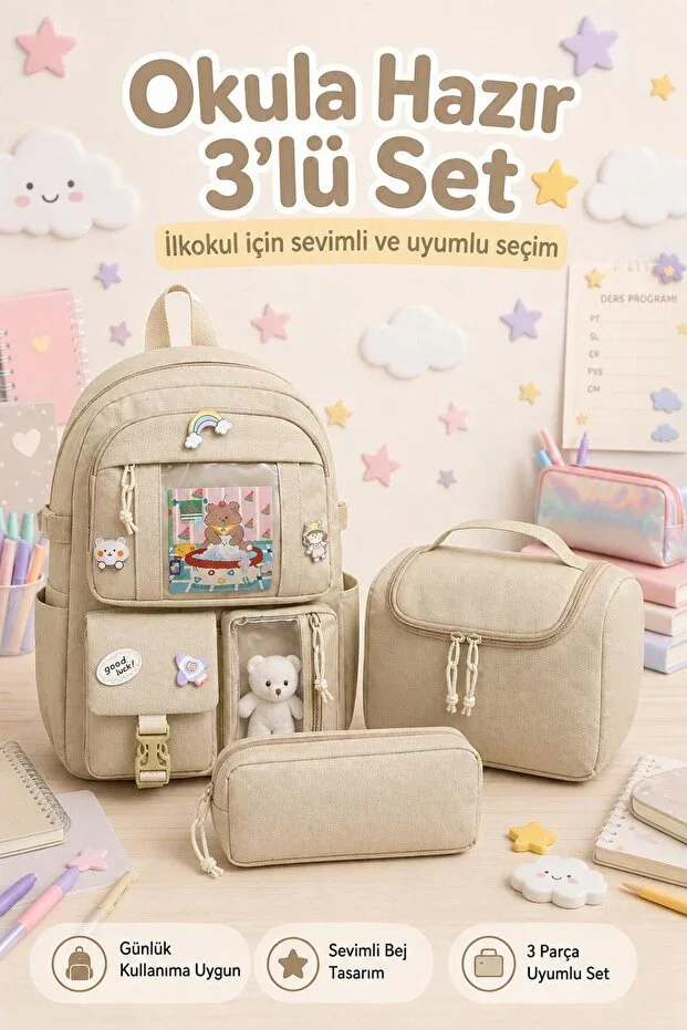 Korea Model 3-Piece Primary School Bag Set, Backpack + Lunch Bag + Pencil Case
