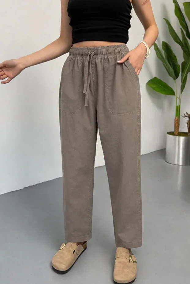 COMBİNE MİCHAİL Women's Elastic Waist Wide Beige Linen Trousers
