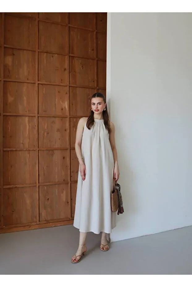 Women's Ruched Neck Loose Summer Midi Dress