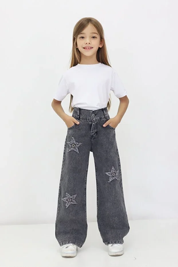 Girls' Non-Stretch Wide Leg Star Patterned Elastic Waist 100% Cotton Starry Denim
