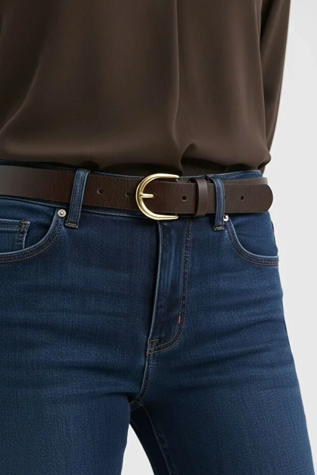 Women's Dark Coffee Gold Buckle Jean Belt, Jacket Belt, Denim Belt