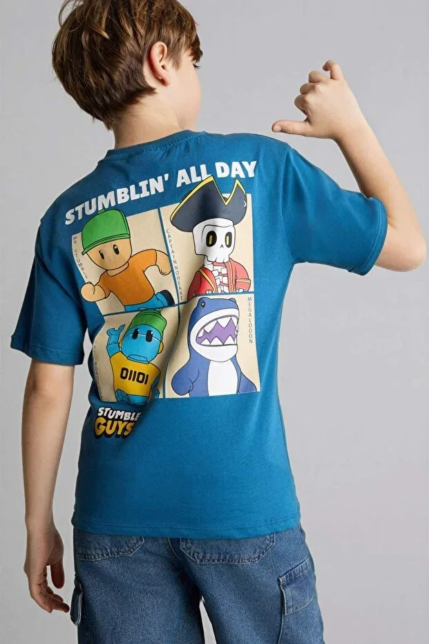 %100 Pamuk Stumble Guys New Regular Fit Bicycle Collar Short Sleeve T-shirt Boys G8916A826SM