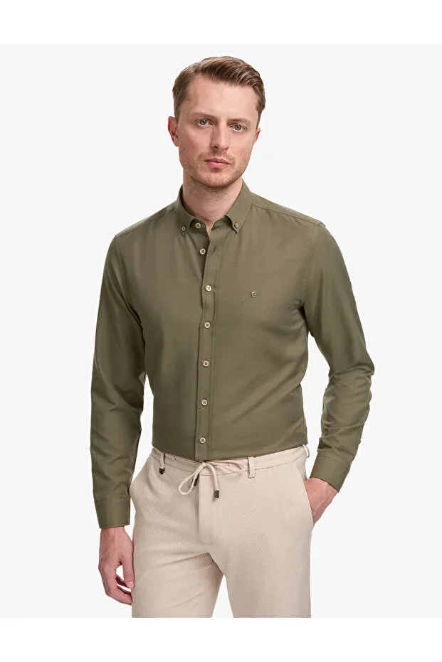 Khaki Oxford Slim Fit Easy Iron Shirt 50325365-VR027