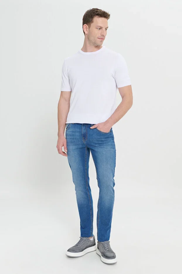 Men's Navy Blue Extra Slim Fit Narrow Cut Rıss Cotton Stretch Denim Jean Trousers