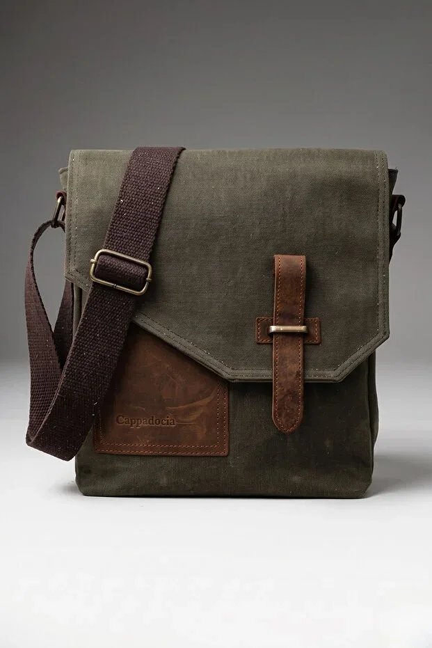 Genuine Leather 4035 Teos Water Resistant Khaki Green Messenger Shoulder Waxed Canvas Laptop School Briefcase Bag