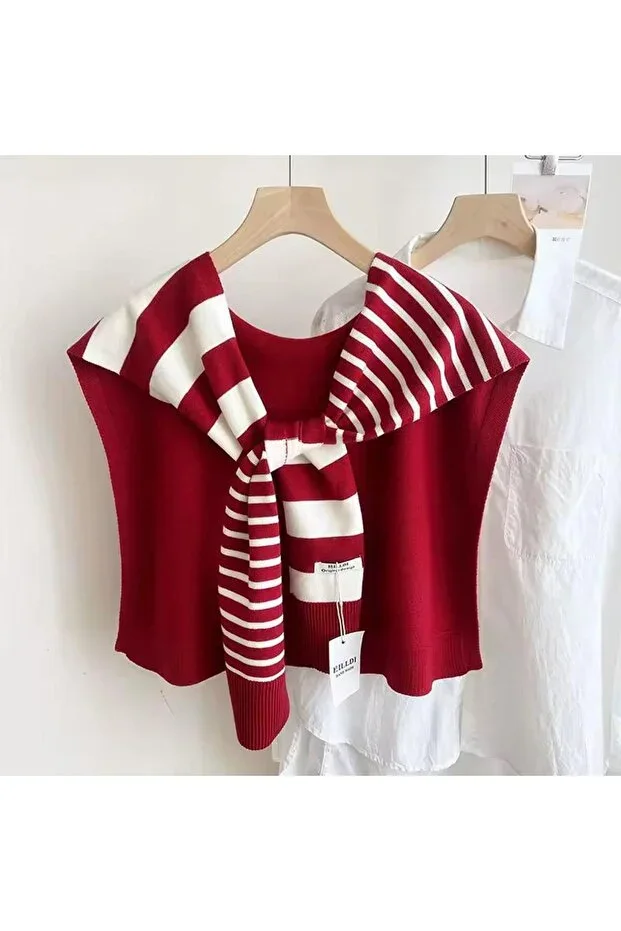 New Style Knit Shoulder Shawl Burgundy White Patterned