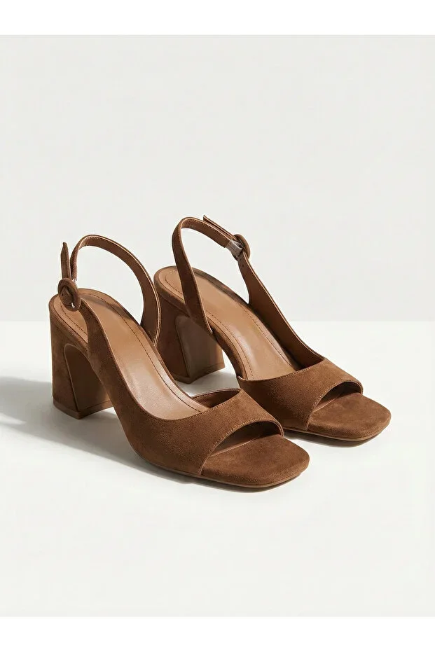 Doria Open Back Patent Look Heeled Shoes - TABAC SUEDE