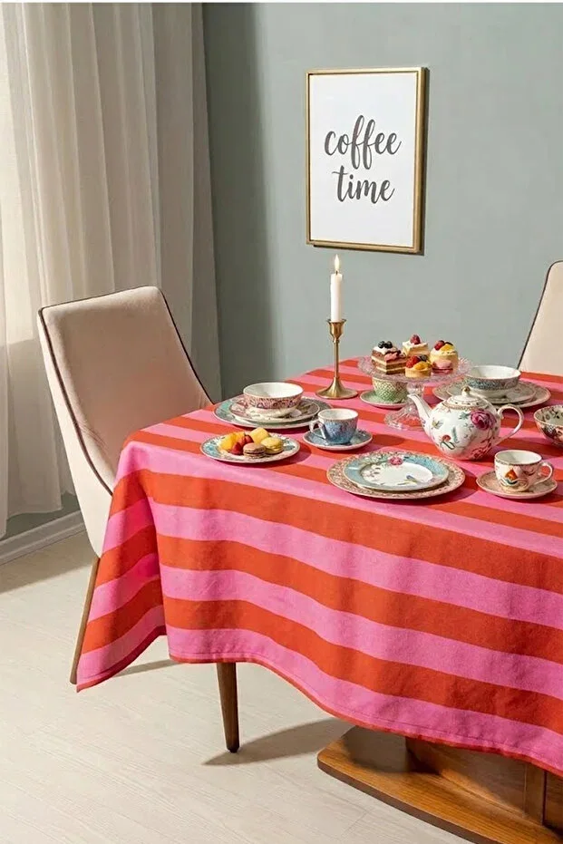 Red-Pink Striped Tablecloth