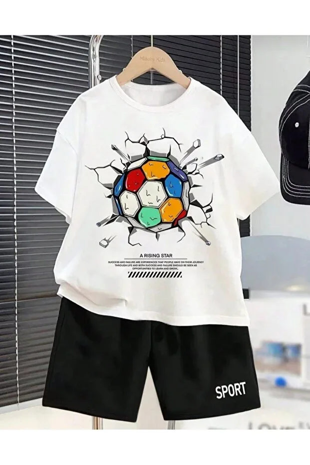 Summer top print men's Bottom black shorts top white t-shirt set