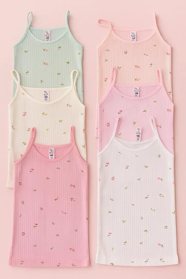 Girls 2-11 Years 6-Pack Floral Print 100% Cotton Comfortable-Airy 6-Pack Undershirt Set