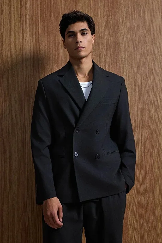 Men's Oversize Relaxed Fit Double-Breasted Suit Black