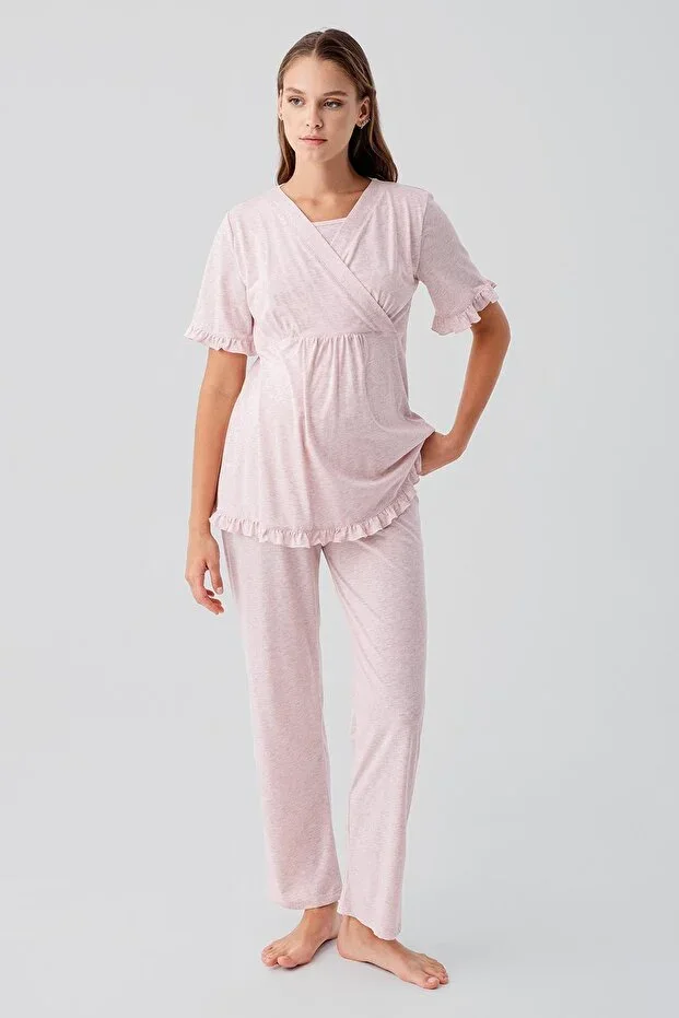 Short Sleeve Nursing Section Adjustable Waist Cotton Maternity Pajama Set