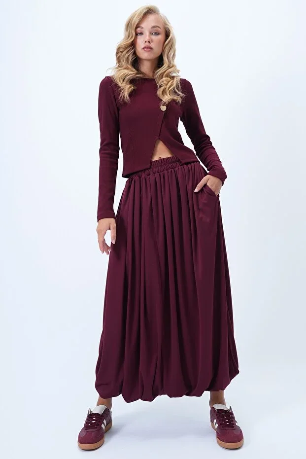 Women's Burgundy Double Pocket Lined Maxi Bubble Skirt Alc-X14348