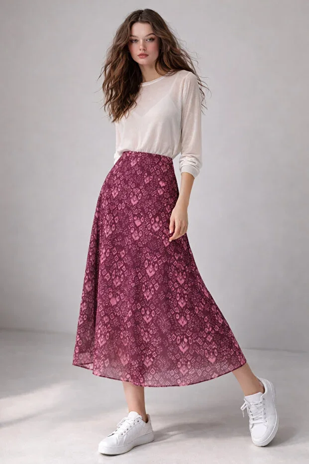 SHEBARA PRINTED HIGH WAIST MIDI TULLE SKIRT
