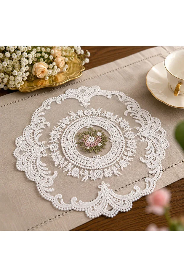 French Lace Decorative Tablecloth – Embroidered Tray and Coffee Table Cover