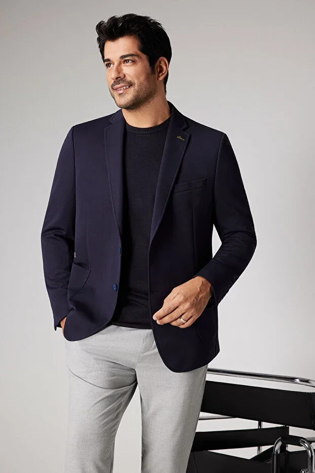 Men's Navy Blue Slim Fit Narrow Cut Mono Collar Casual Blazer Jacket
